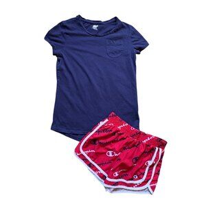 Champion Girls Shorts W/ T-Shirt-Red/Navy Blue-Size L-GUC